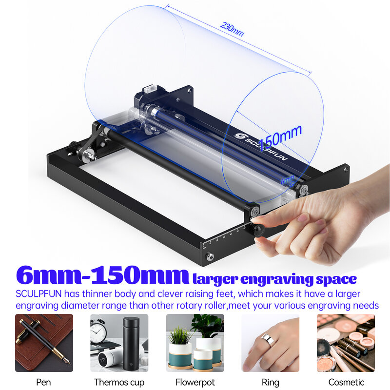 SCULPFUN Laser Rotary Roller Laser Engraver Y-axis Roller 360 Rotating for 6-150mm Engraving Diameter for Cylindrical Objects