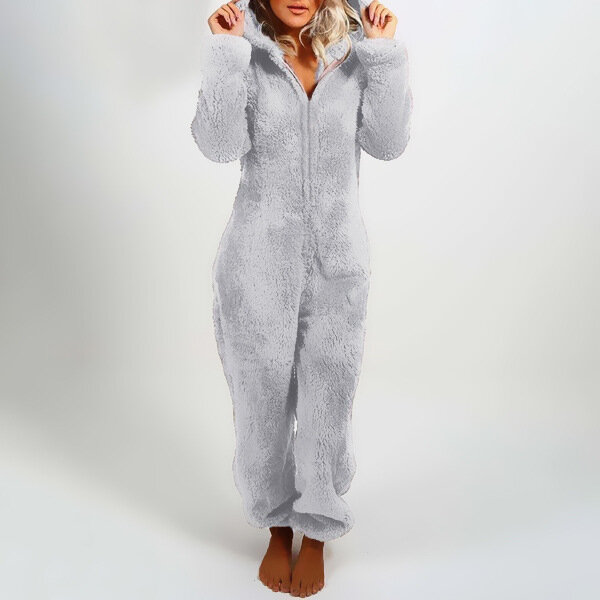 2024 autumn and winter women's plush and thick jumpsuit home hooded pajamas
