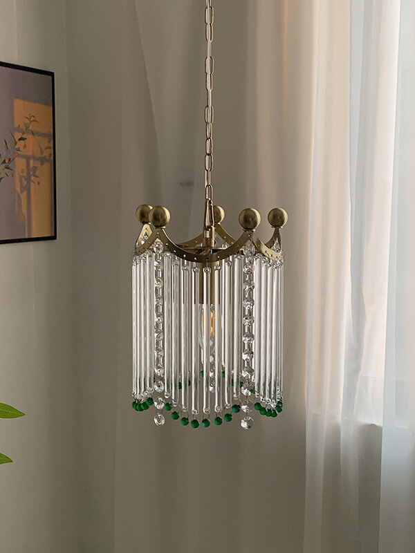 Retro Luxury Crystal Glass Hanging Lamps French Dark Green Round Bead Bedroom Bedside Tassel Small Pendant Lights