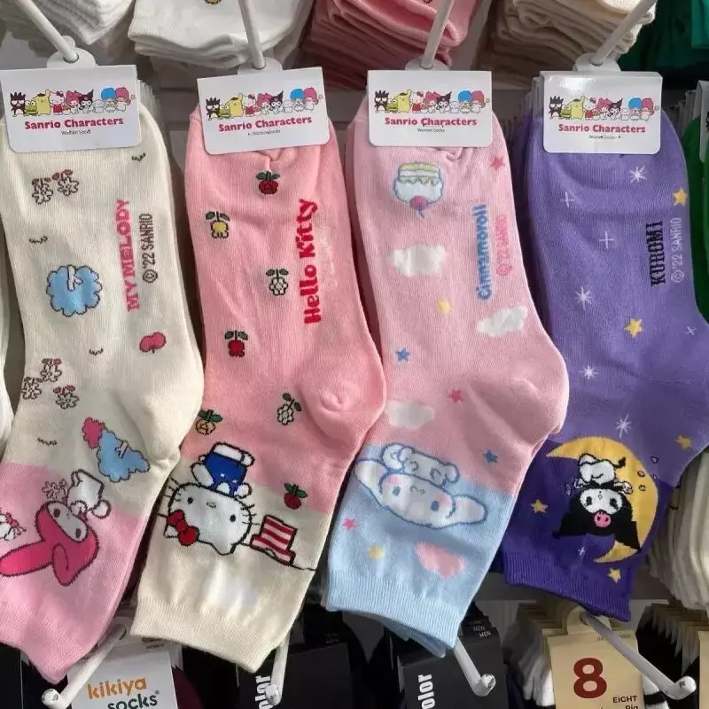 Kawaii Sanrio Socks Anime Hello Kitty Kuromi Autumn and Winter Sweet In The Tube Cartoon Socks Cute Girls Cotton Home Warm Sock
