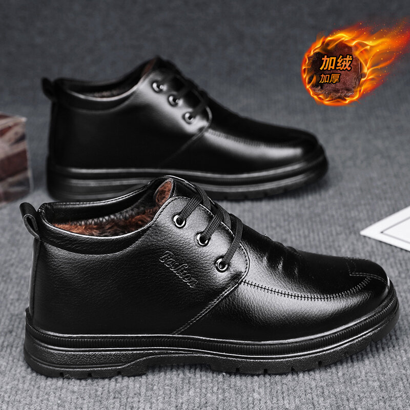 Men's Warm Leather Shoes Winter Black Lace-up Comfortable Plus Velvet Thickened Casual Shoes Cold-proof Daily Outdoor Footwear