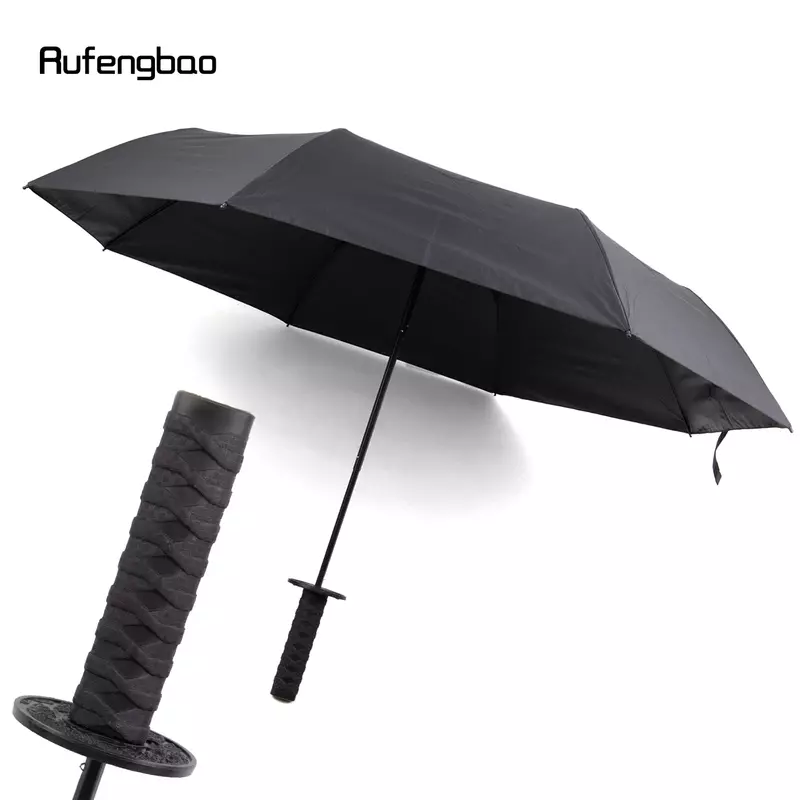 Black Samurai Women's Men's Umbrella, Automatic Umbrella, 8 Bones Folding UV Protection Sunny and Rainy Days Windproof Umbrella