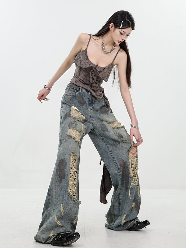 Celana Denim lurus wanita, Jeans Y2k pinggang tinggi berlubang Retro Amerika, celana Denim kaki lebar gaya jalanan longgar