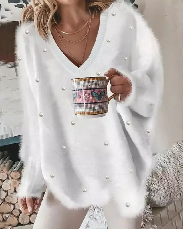 Beaded Decor Long Sleeve Fluffy Top Women Spring Summer Pullover V Neck Pearls Solid Color Loose Fashion Tops Blouse Sweater