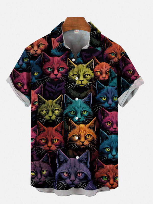 Винтажная повседневная короткая рубашка для отпуска с фотографией кошки и принтом, женская блузка для домашних животных, уличная одежда, пляжная одежда, Гавайские облегающие рубашки