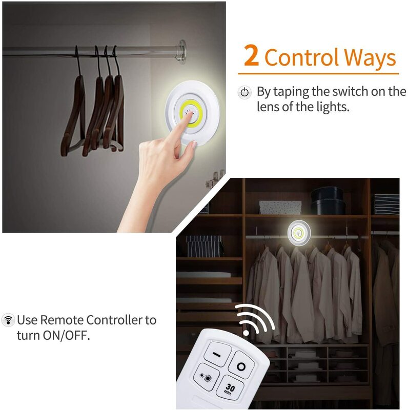 COB 언더 캐비닛 램프 LED 야간 조명, 원격 제어 옷장 조명 스위치, 계단 주방 욕실용 푸시 버튼, 조도 조절 가능 3W