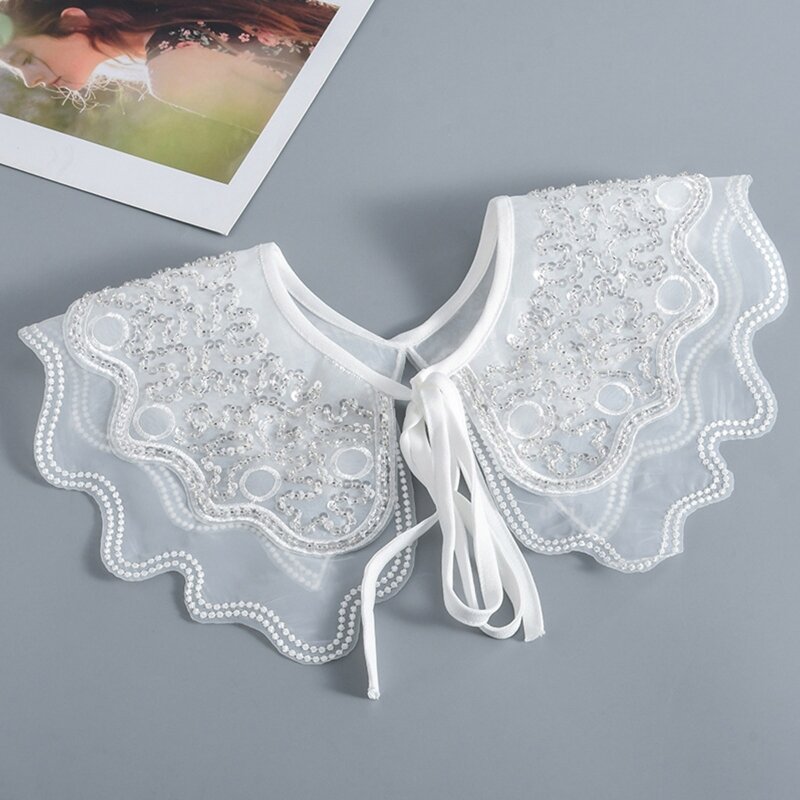 Y1UB Detachable False Collar Embroidery Beads Shawl Wrap Lace-Up Bowknot Petals Shaped Capelet Shrugs for Women Girls