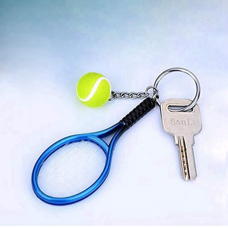 Mini Tennis Racket Keychain, Split Ring, Esportes Amantes Team, Elegante Chaveiro, 12 Pcs