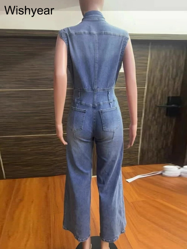 Vintage Loose Denim Wide Leg Pants Jumpsuit Women Pocket Sleeveless Single Breasted Baggy Jean One Piece Rompers Street Overalls