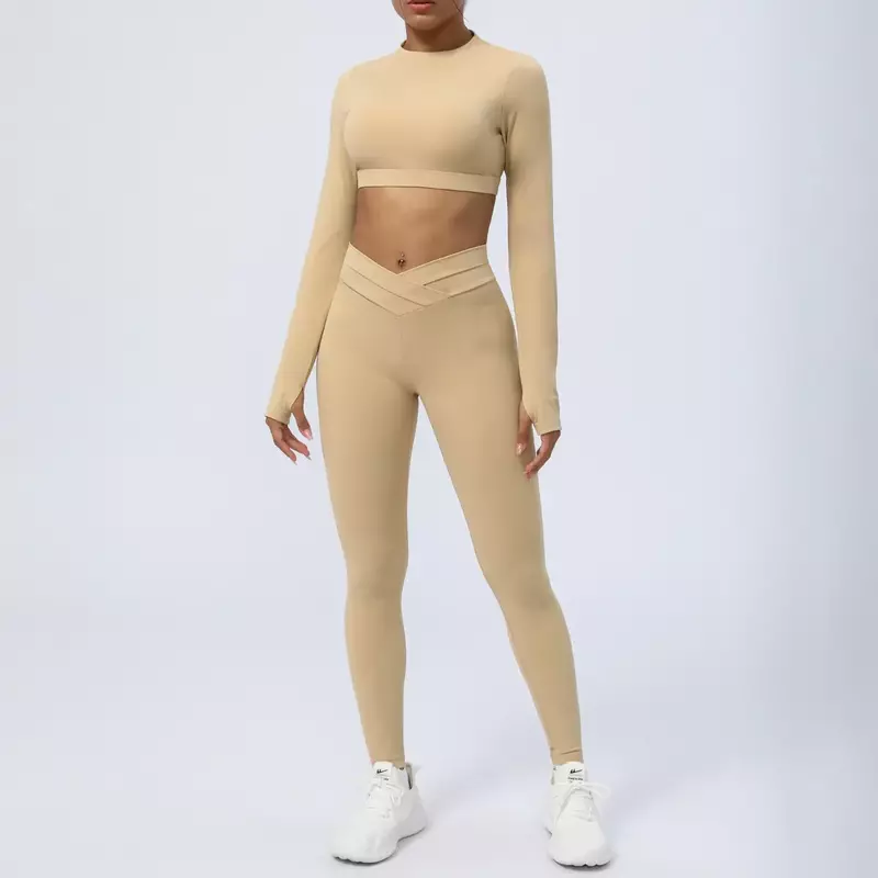Nieuwe Opengewerkte Beauty Back Yogakleding Met Lange Mouwen Aan Navel Blootgestelde Sportpanty 'S Gekruiste Perzik Heuplifting Panty 'S