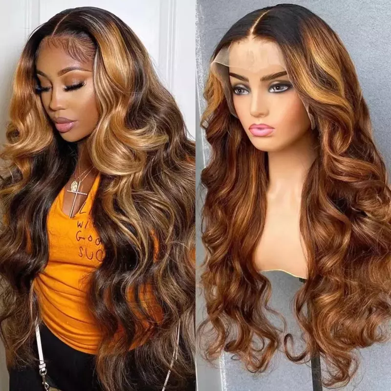 Highlight Body Front Lace Synthetic Wigs Long Curly Hair with Gradual Change for Women Human Hair Wigs with Large Waves
