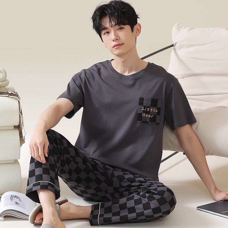 Conjunto de pijama de algodão masculino, manga curta, calça comprida, roupa caseira fina, moda coreana, adequado para jovens, verão