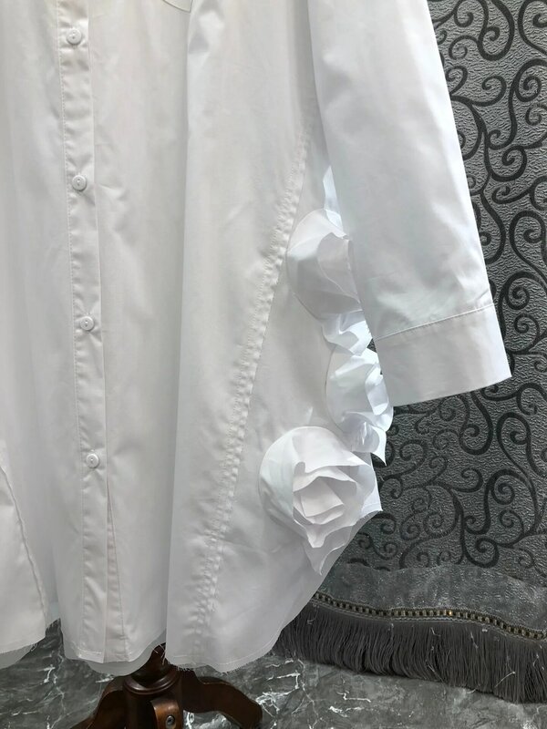 lingzhiwu Cotton Blouse White 2024 Spring Female Three-Dimensional Flower Design Loose Mid-Length Shirt New Arrive