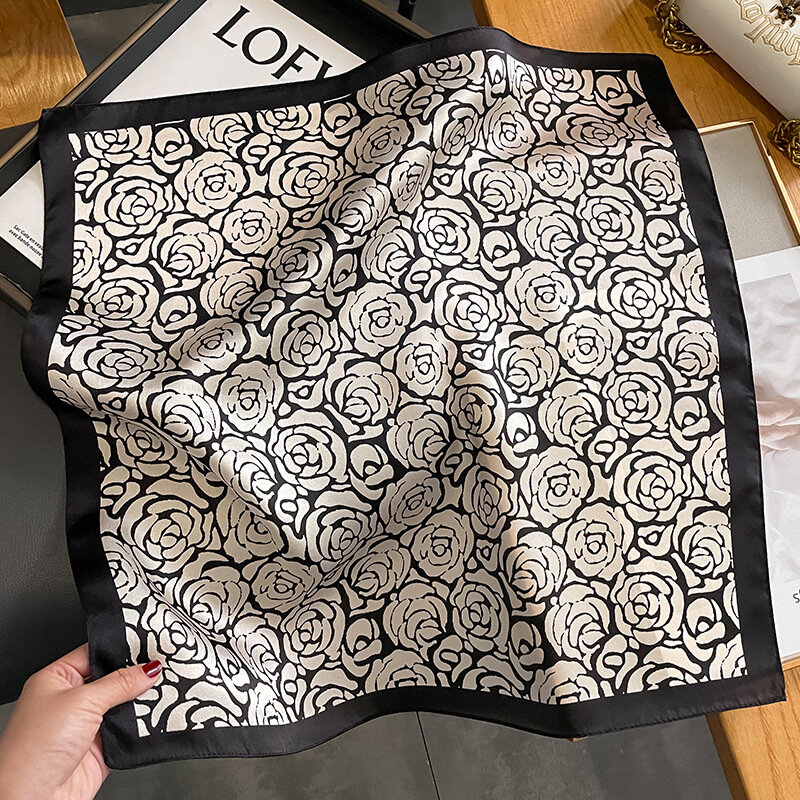 Двусторонний шарф из 100% шелка, шейный платок, бандана с цветком камелии, весна 2024, женский модный квадратный шелковый шарф 53 см, шаль