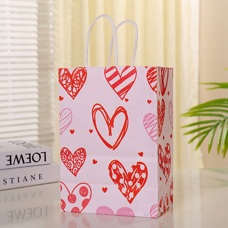 Bolsas de regalo de papel Kraft con estampado de corazón de amor, bolso de mano de dibujos animados, bolsos de hombro de vacaciones, Día de San Valentín