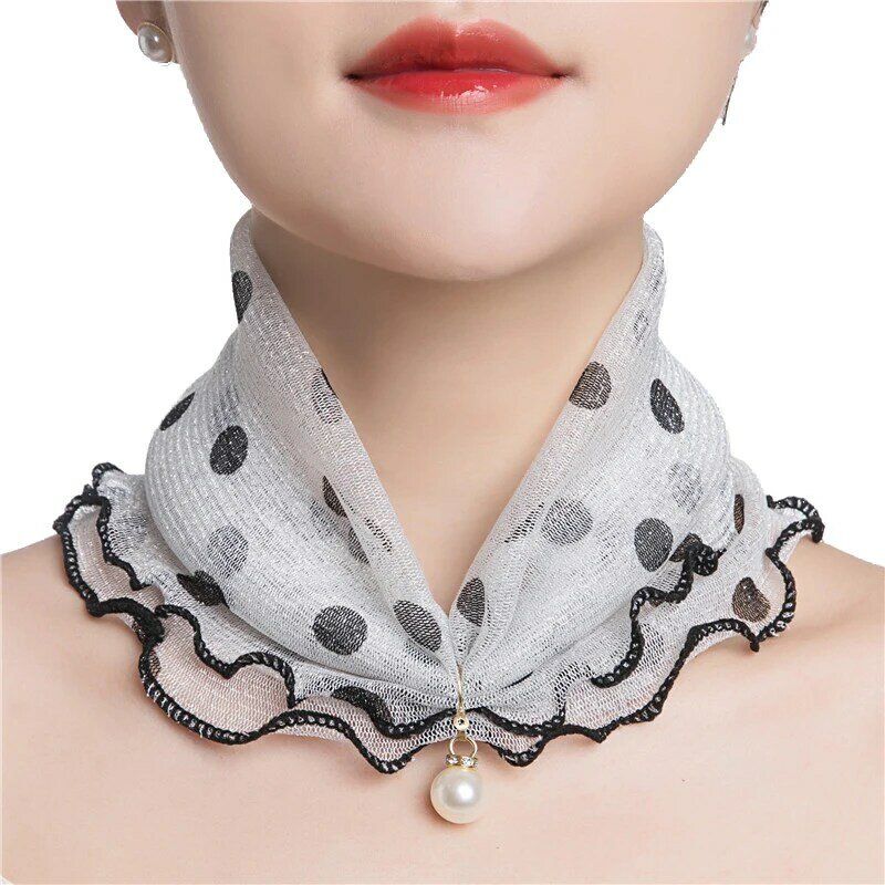 Female Ruffle Scarf Neck Cover Fake Pearl Pendant Neck Collar Sun Protection Bib Scarves Organza Elastic Small Scarf Headband