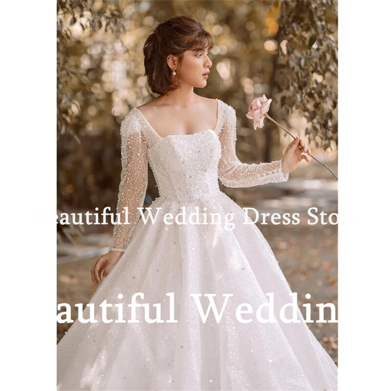 New Luxury Wedding Dress Sparkly Sequin Square Neck Long Sleeves A-Line Floor-Length Women Vestidos de novia 2024 Bridal Gow