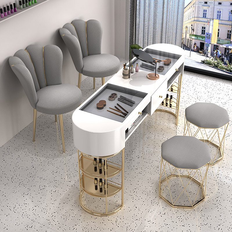 Organizador de diseño dorado para escritorio de uñas, cajón profesional de lujo, mesa de uñas moderna, silla nórdica, muebles de salón