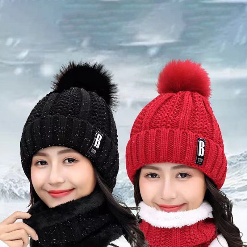 Winter Knitted Scarf Hat Set Thick Warm Skullies Beanies Hats For Women Solid Outdoor Snow Riding Ski Bonnet Caps Girl