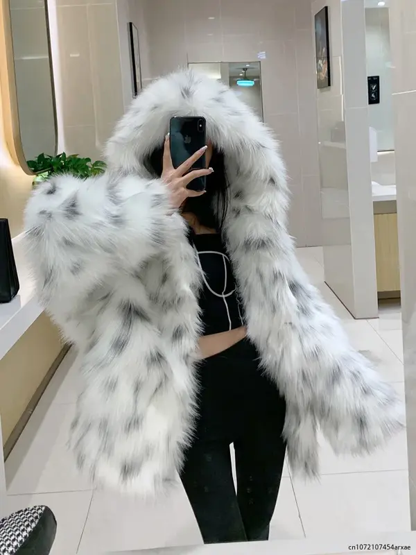Casaco de pele de raposa falsa para mulheres, estampa leopardo, jaquetas grandes com capuz, jaqueta branca fofa longa, inverno de alta qualidade