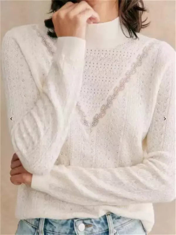 Женский вязаный свитер, новинка 2023, кружевная ажурная водолазка, однотонный тонкий элегантный Повседневный пуловер с длинным рукавом