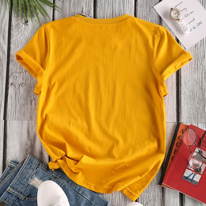 Camiseta feminina padrão de verão, blusa solta e confortável, gola redonda, roupas da moda, data, manga curta, festa, 2024