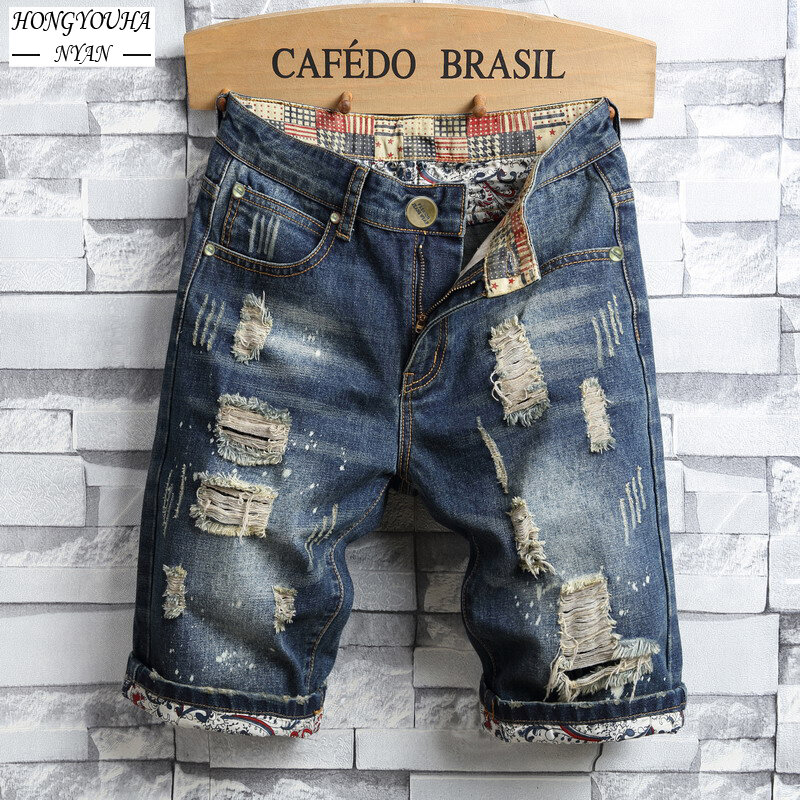 Celana Jeans Pria Panjang Selutut Celana Pendek Sobek Antik Celana Pendek Denim Slim Fit Kasual Streetwear Fashion Brasil Baru Musim Panas Pakaian Merek Pria