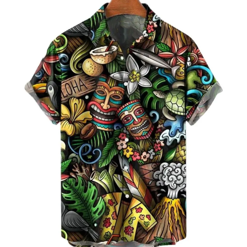 Camisa masculina de manga curta com estátua, estilo havaiano, camisas estampadas casuais, tops masculinos de streetwear, nova moda, 2024