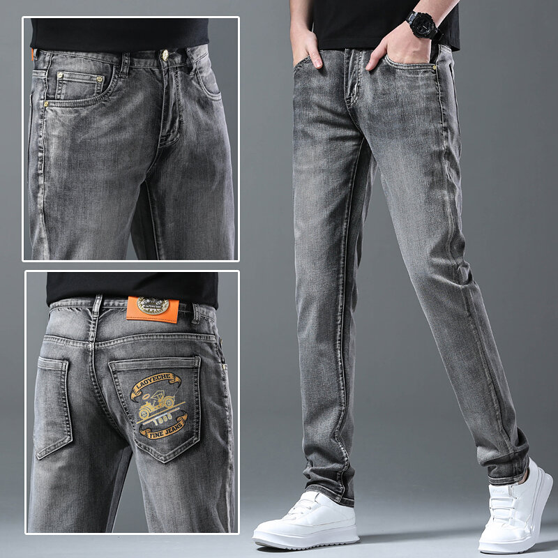 Jeans slim fit cônico masculino, jeans estampado jato de tinta, calça casual stretch, moda de alta qualidade, novo, 2024