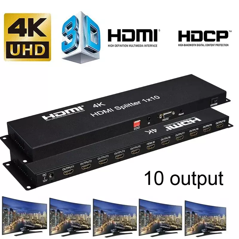HDMI 2.0 4K HDMI Splitter 1x10 1080P 3D Video Converter Distributor 1 In 10 Out RS232 for PS4 TV Box Computer PC To TV Monitor