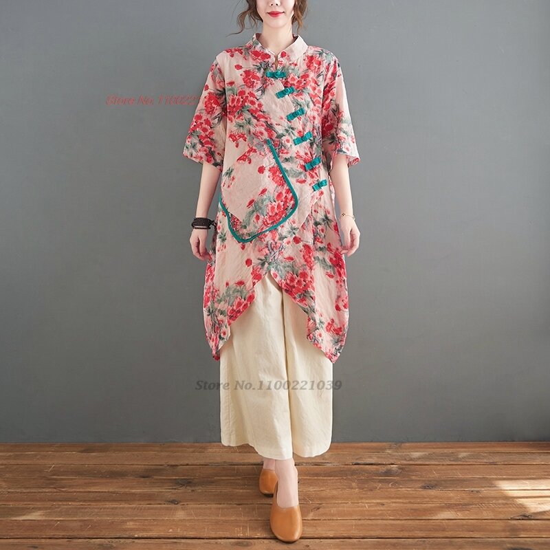 Hanfu vintage Cina 2024 atasan blus linen katun peningkatan nasional blus cetak bunga oriental blus rakyat tidak teratur streetwear