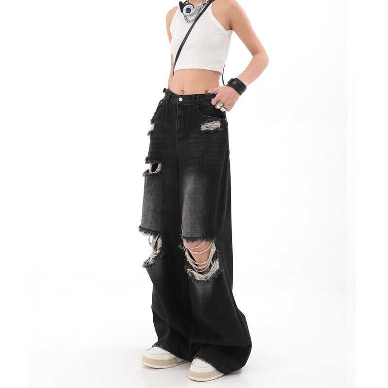 Джинсы женские рваные в стиле ретро, модные прямые джинсовые брюки-багги с широкими штанинами, уличная одежда, Y2k, осень