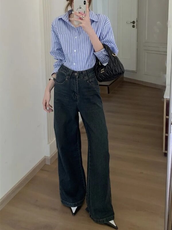 ZHISILAO Jeans Vintage a gamba larga donna pantaloni classici dritti a figura intera in Denim Streetwear autunno 2023