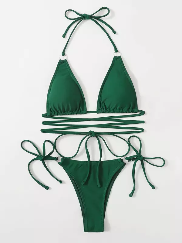 Microbikini Sexy para mujer, traje de baño entrecruzado, conjunto de Bikini con Tanga y cordón, ropa de playa, 2024
