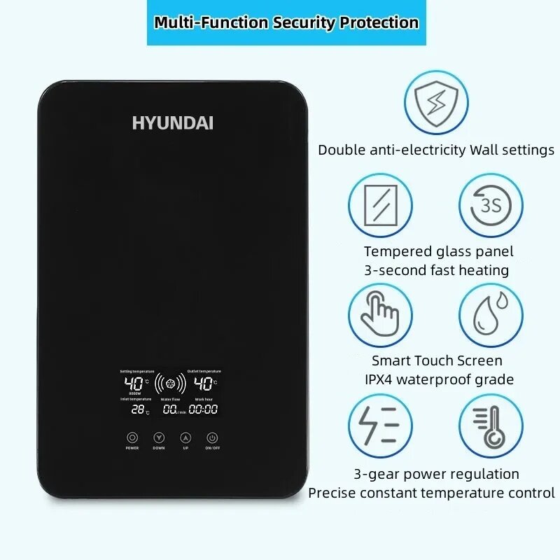 HYUNDAI Small Electric Water Heater Instantaneous Rapid Heating Intelligent Constant Temperature Bathroom Shower English Display