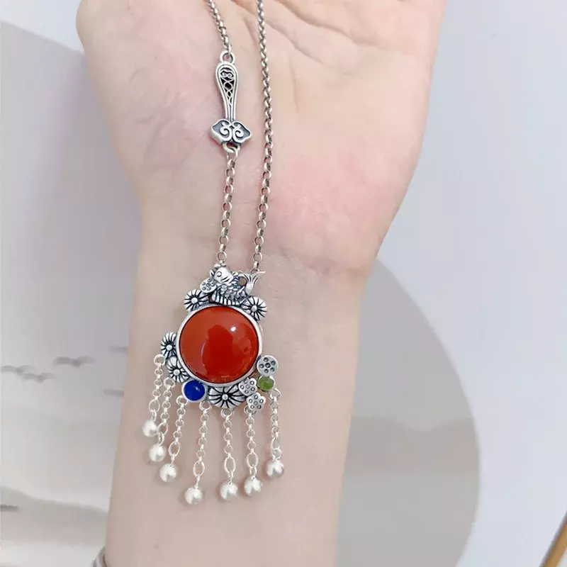 925 Silver South Red Tourmaline Tassel Necklace for Women Vintage Style Clavicle Chain Inlaid Lapis Lazuli Pendant Jewelry