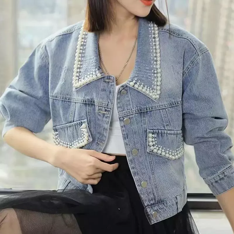 2024 manis mutiara dekorasi jaket Denim wanita lengan panjang kerah Turn Down Jaket Crop wanita Korea kantong longgar mantel wanita