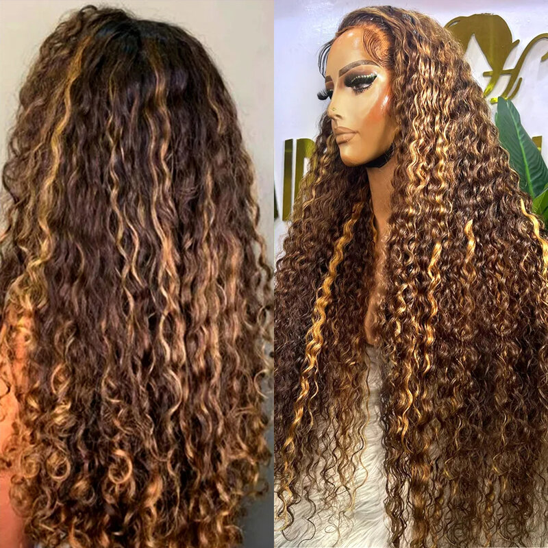 Ketebalan 200 30 inci wig rambut manusia keriting HD Honey Highlight rambut palsu manusia depan 13x4 13x6 wig Frontal gelombang air dalam warna Ombre