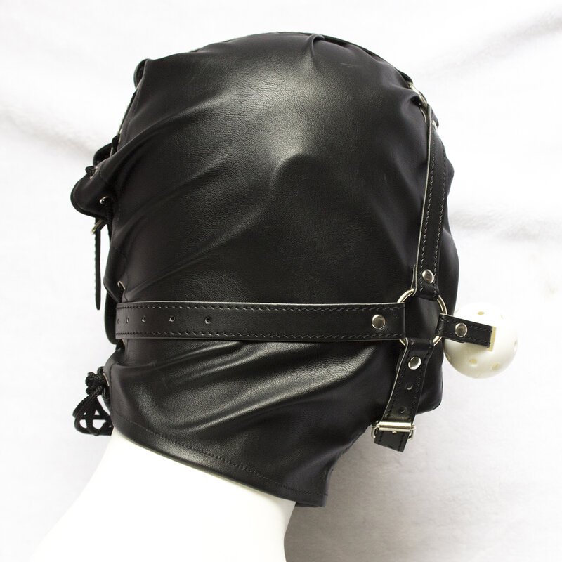 SM-casco de cuero negro para Cosplay, máscara facial completa con tapón hueco para la boca, dispositivo de penalización alternativa, Juguetes sexuales