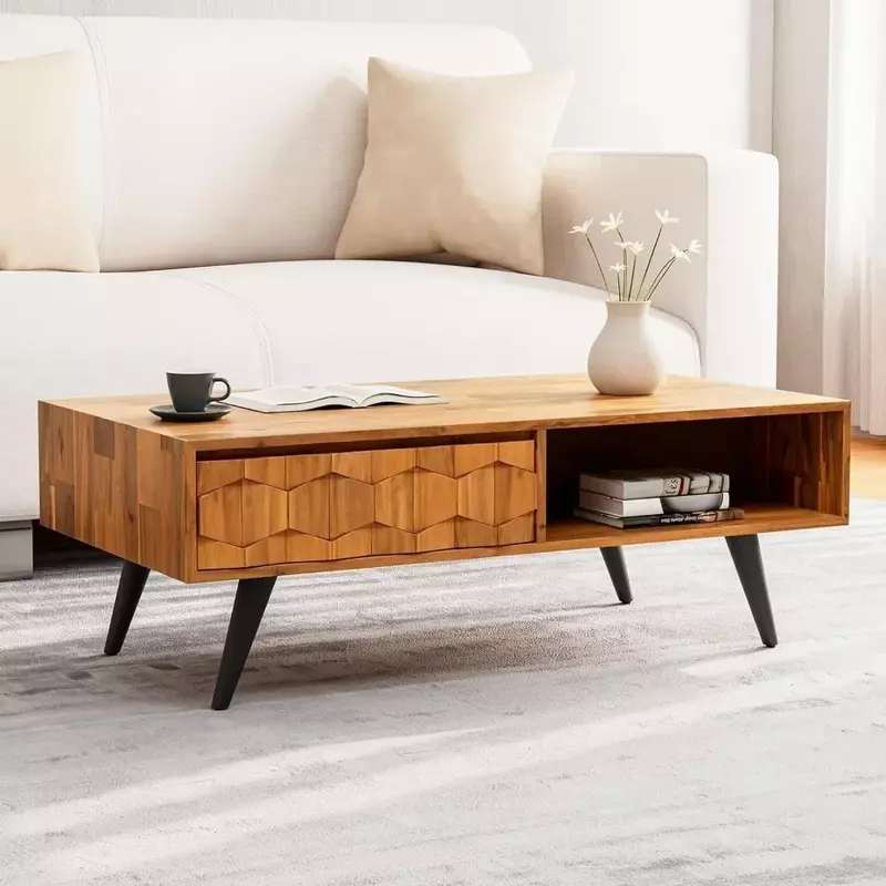 Coffee Table Mid Century Modern With 2 Symmetrical Storage Drawers & Geometric Details Fully Assembled Center Table Dolce Gusto