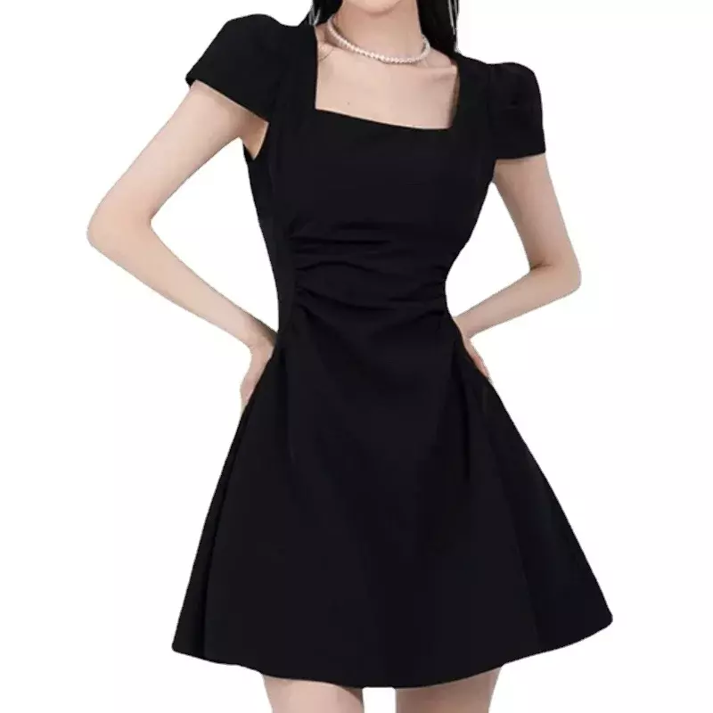 New Square Collar Temperament Ageing Dresses Female Summer Design Sense Thin Short Dress Waist Bubble Sleeve French Hepburn Wind