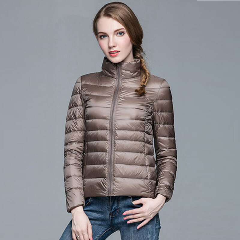 Fashionable Women's Warm White Duck Down Standing Collar Down Jacket, Autumn and Winter Solid Color Ultra-thin Women's Jacket