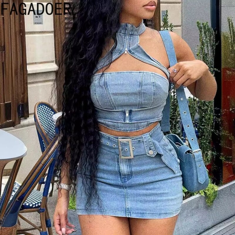 FAGADOER Sexy Y2K Denim Streetwear Women Hollow Out Halter Zip Backless Crop Top And Mini Skirts Outfits Fashion Cowboy Clothing