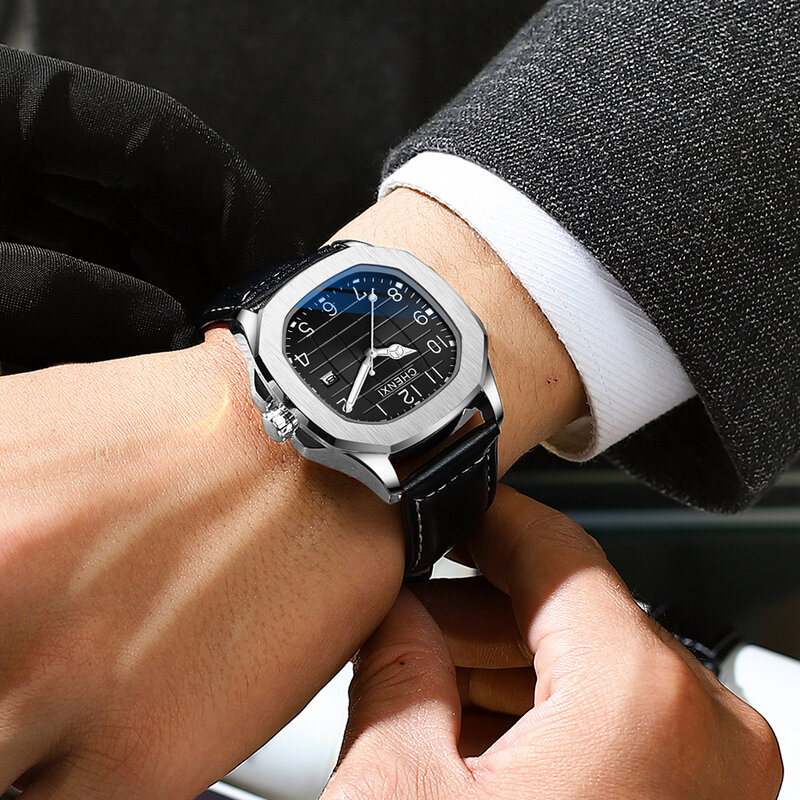 CHENXI jam tangan kuarsa berongga kulit pria jam tangan persegi tanggal bercahaya jam tangan pria kasual mewah kualitas tinggi untuk pria baru 2024