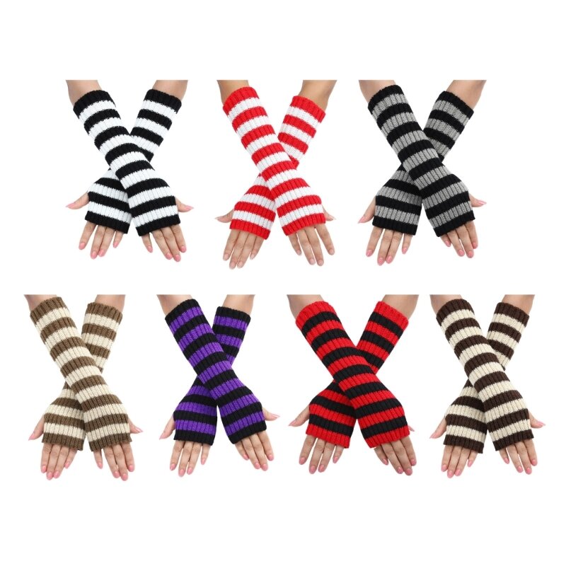Teenagers Winter Half Finger Mitten Stripe Pattern Knit Keep Warm Lengthen Wrist