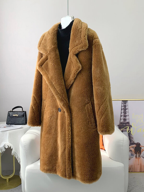 AYUNSUE High Street Sheep Shearing Jacket Women 2023 Winter 100% Wool Coat Fur Coats Jackets Mid-length Overcoat Abrigo Mujer