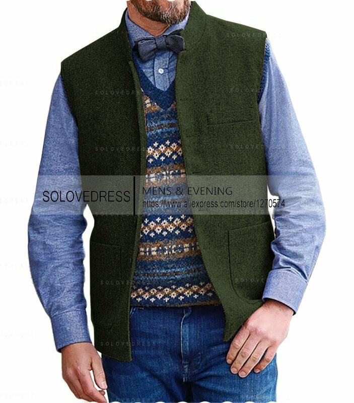 2023 gilet da uomo a spina di pesce in lana Tweed con scollo a V Retro Tooling Vest maschio Gentleman Business gilet per il matrimonio