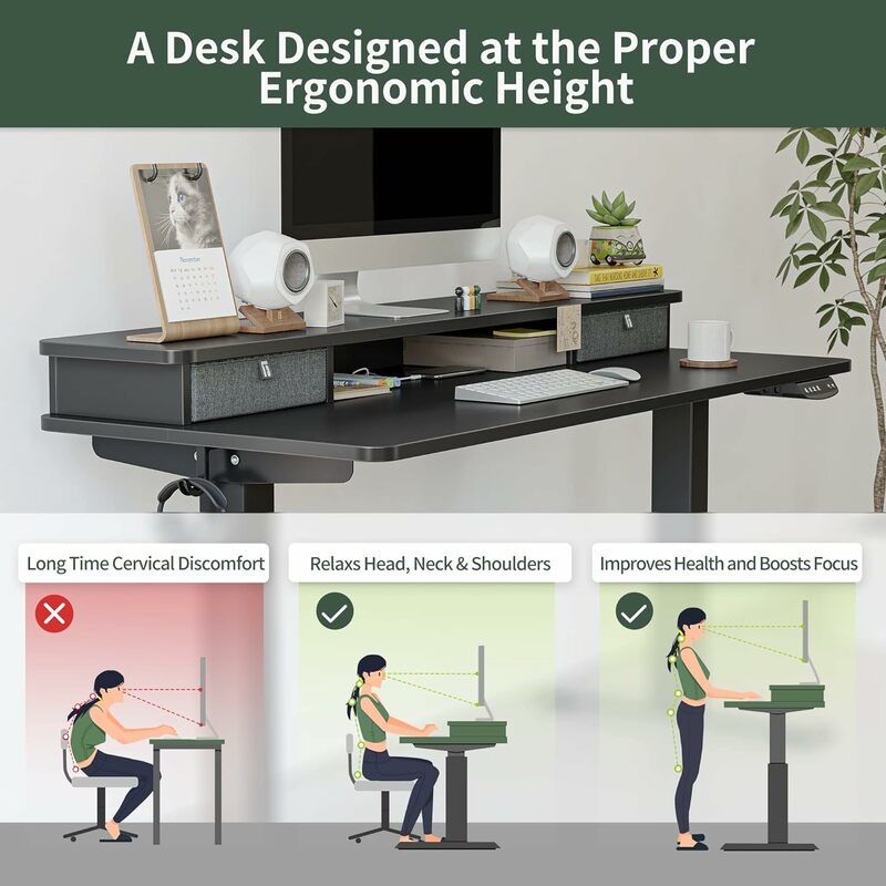 60 x 24 inch height adjustable electric standing desk, double drawer, storage rack, seated desk, black