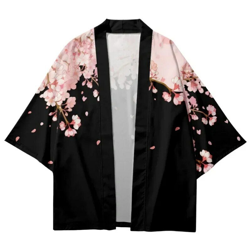 Kimono Yukata com estampa de flores para homens e mulheres, cardigã, haori, obi, roupas asiáticas, harajuku, cosplay japonês