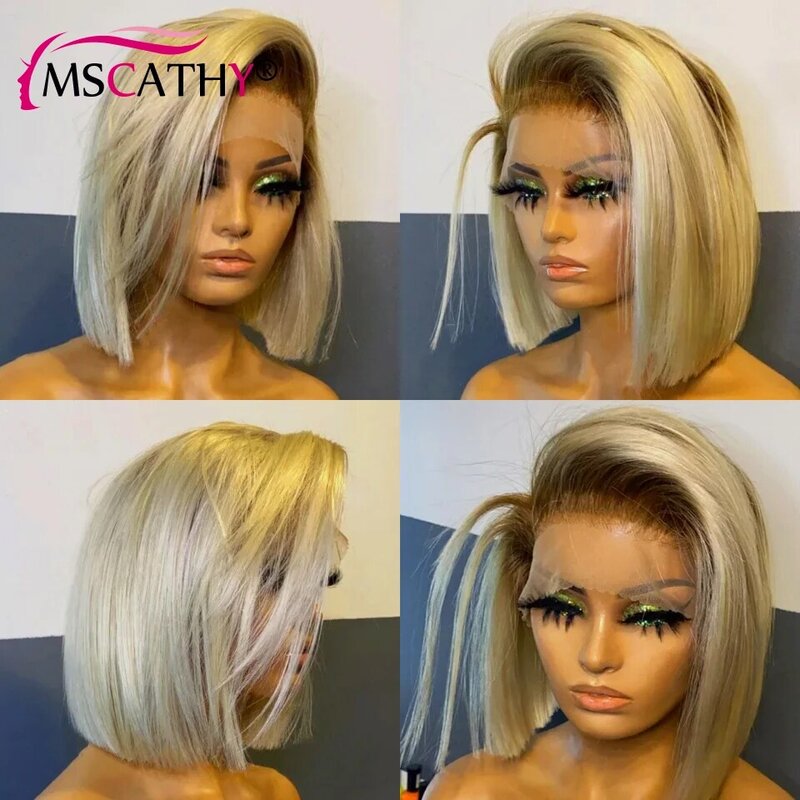 Perucas de cabelo humano brasileiras curtas para mulheres, peruca de laço frontal, frontal com renda sem cola HD, raízes marrons 13x6, 613